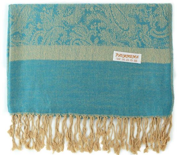 Wholesale Bulk Pack Light Paisley Pashmina Scarf - Blue W/ Beige